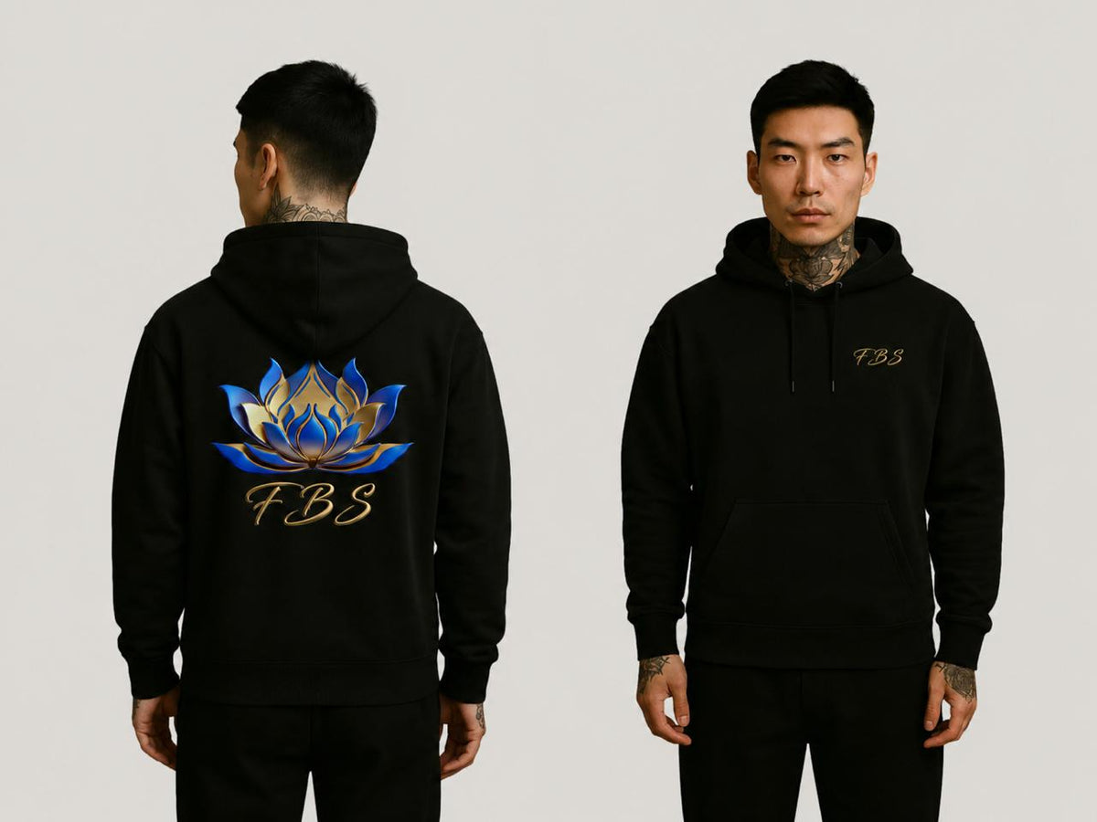 Hoodie nera FBS con loto blu e oro
