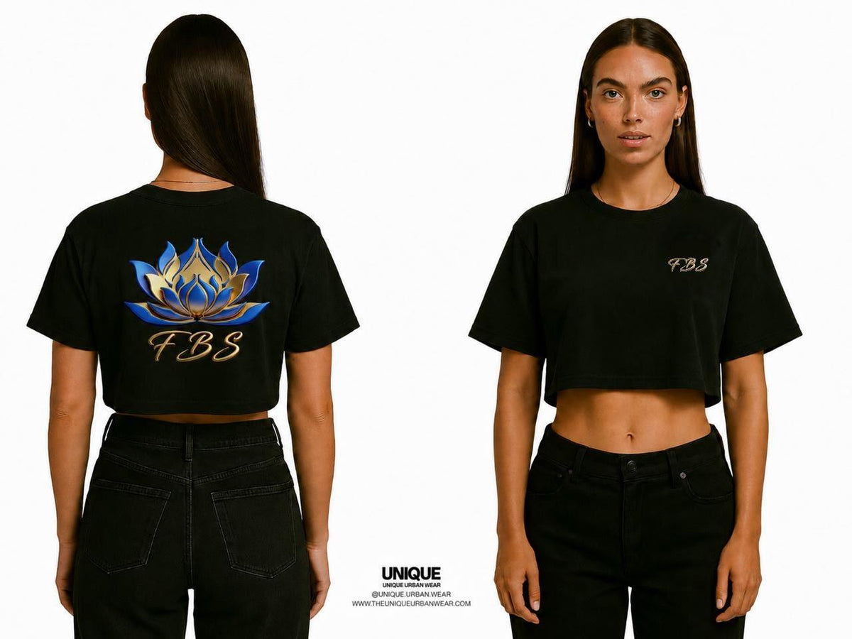 T-shirt crop nera FBS con loto blu e oro