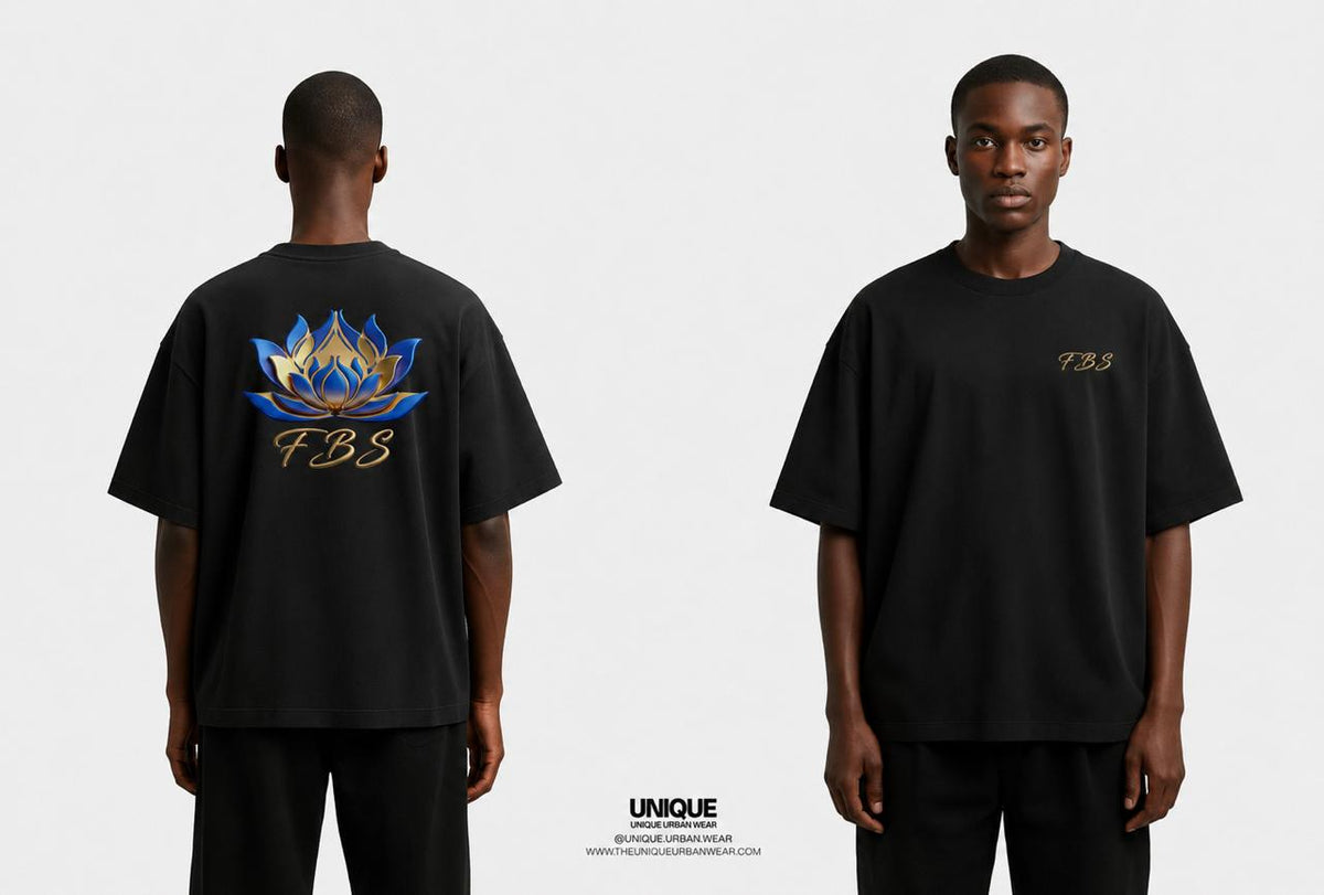 T-shirt oversize nera FBS con loto blu e oro