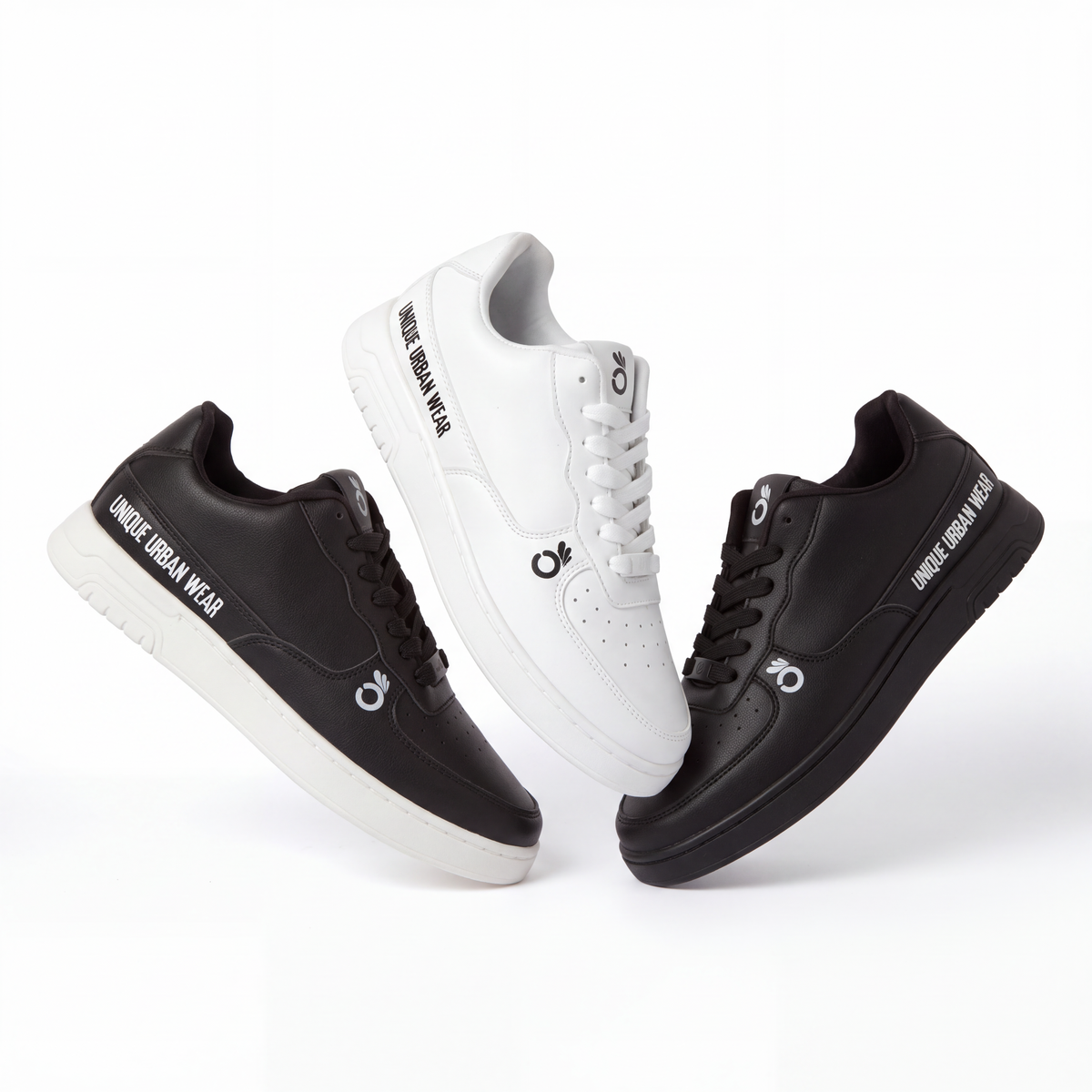Unique Low nei tre colori: bianca, nera e mix, con la scritta UNIQUE URBAN WEAR